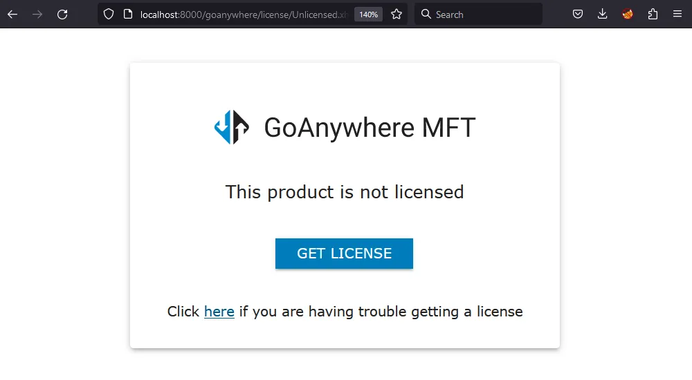 GoAnywhere MFT license page on localhost:8000