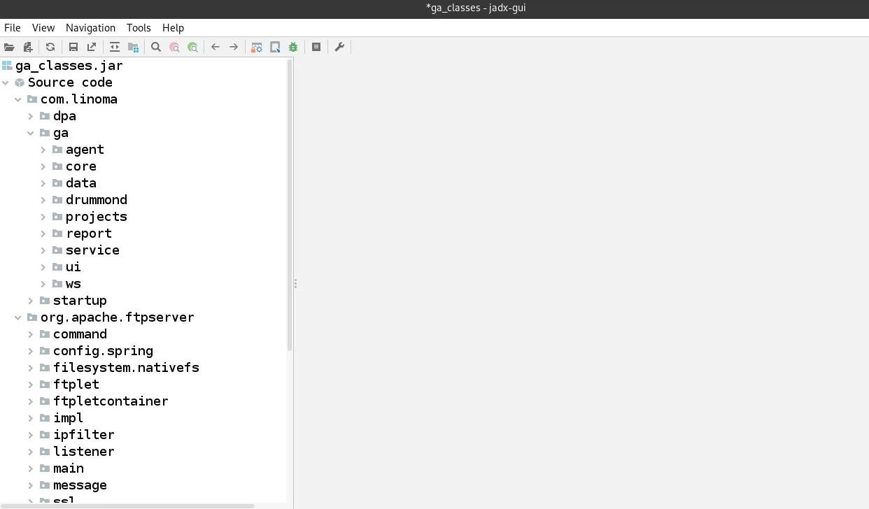 Jadx GUI showing ga_classes.jar decompiled package tree
