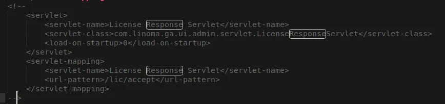 web.xml with HTML comments disabling the LicenseResponseServlet endpoint
