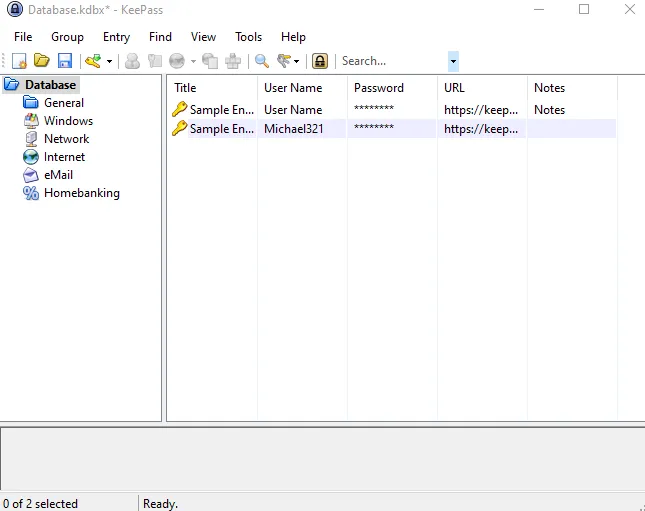 KeePass database with sample entries