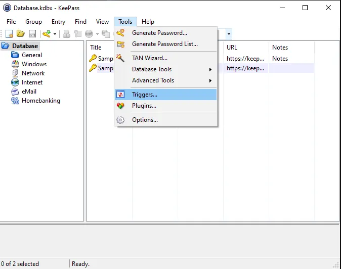 KeePass Tools menu showing Triggers option