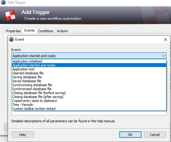 Events dropdown showing "Application started and ready"
