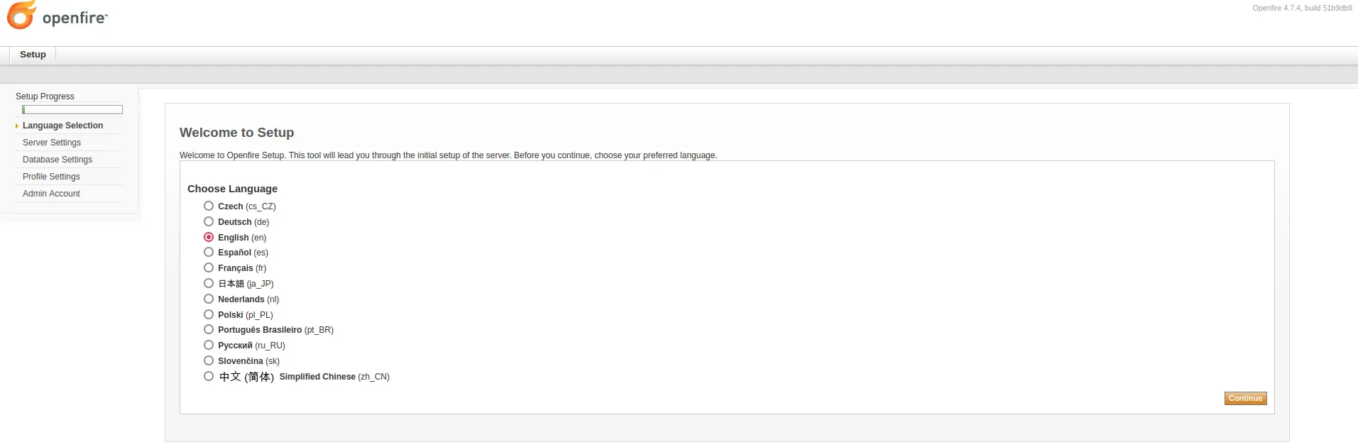 Openfire setup wizard - Language Selection