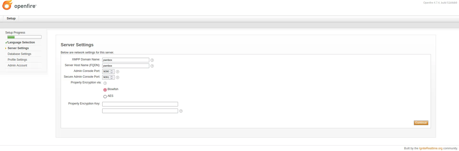 Openfire setup wizard - Server Settings