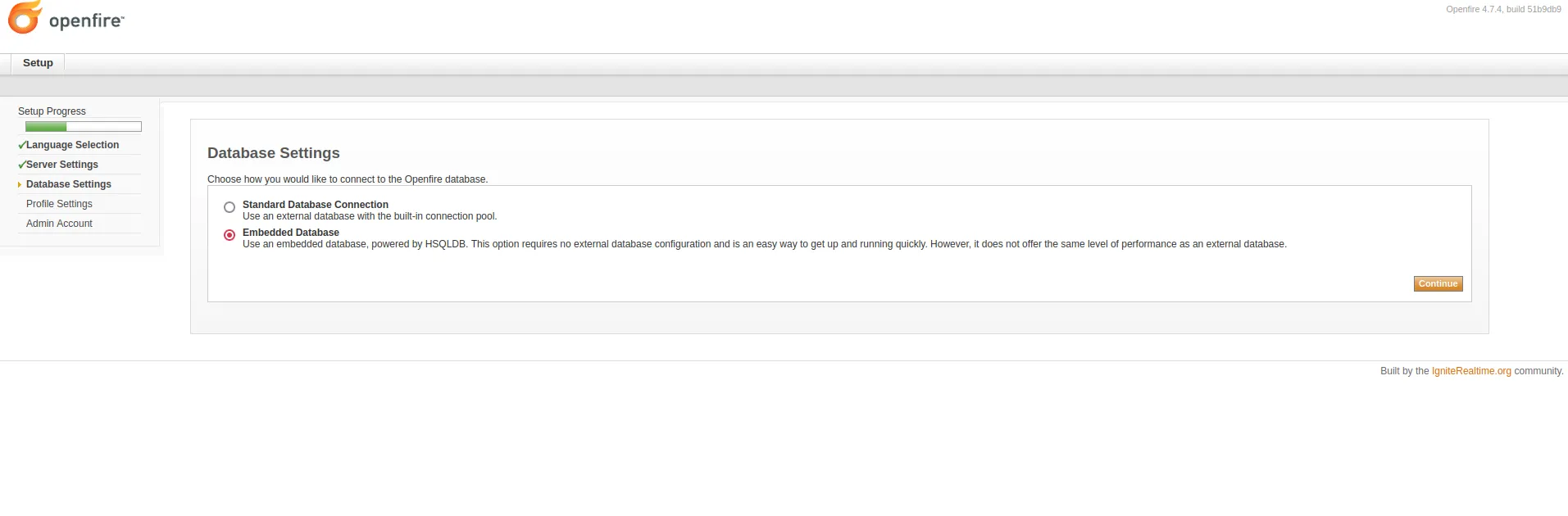 Openfire setup wizard - Database Settings
