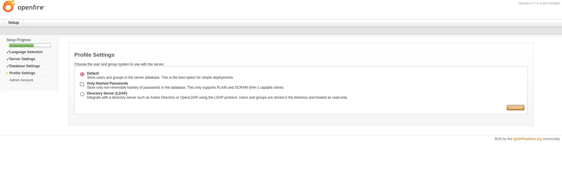 Openfire setup wizard - Profile Settings