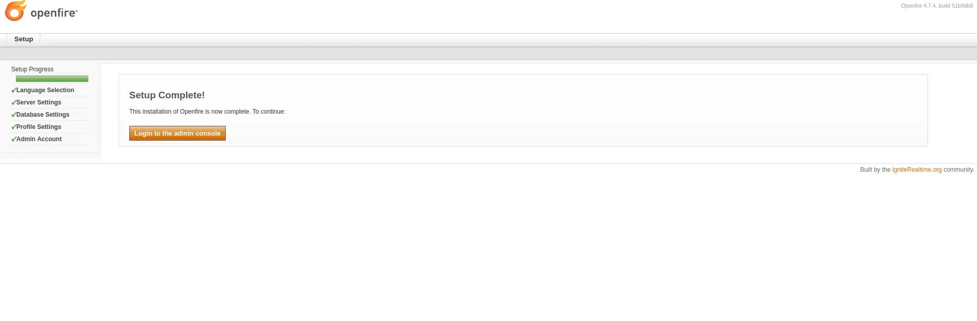 Openfire setup wizard - Setup Complete
