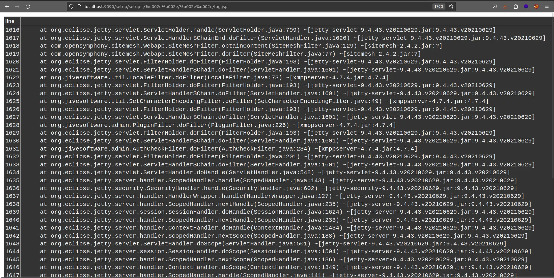 Accessing log.jsp via path traversal showing server stack trace