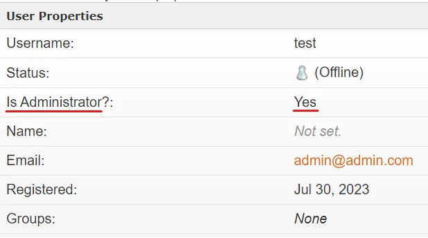 User Properties showing the test user with Administrator privileges