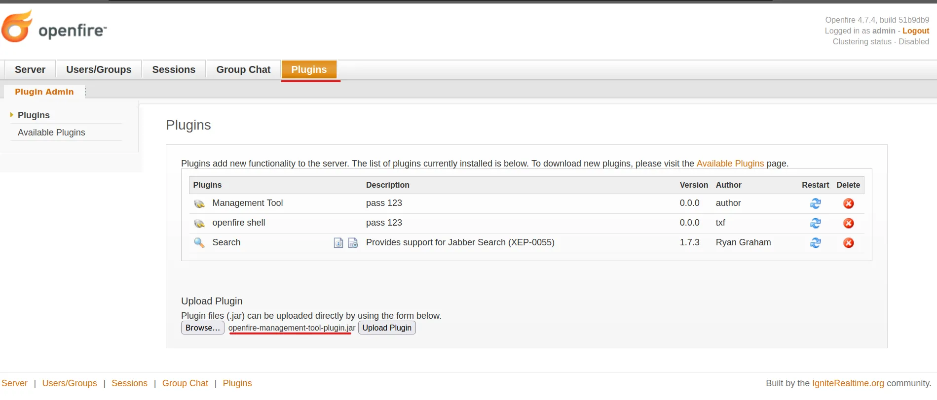Openfire Plugins page with Management Tool plugin uploaded