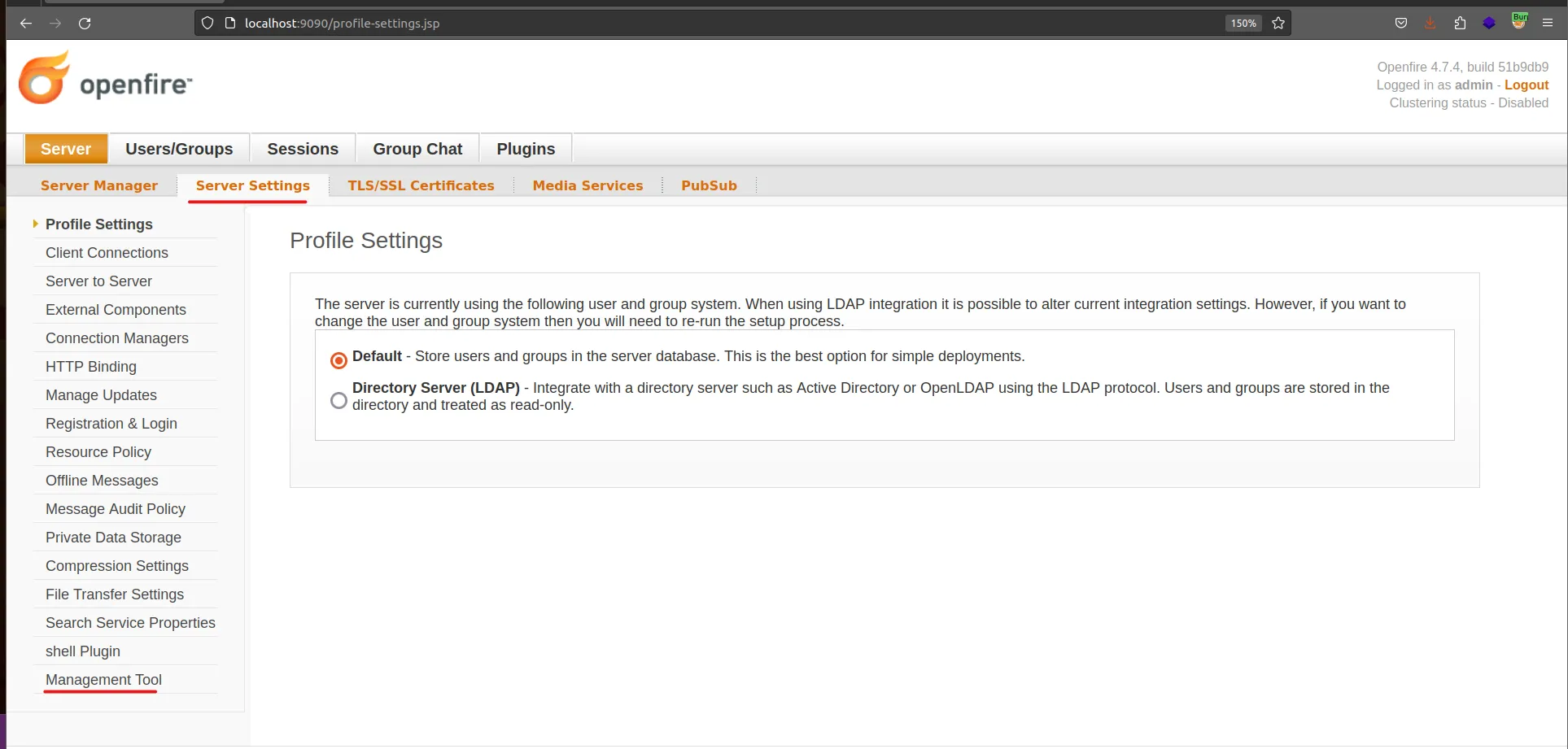 Server Settings sidebar showing Management Tool option