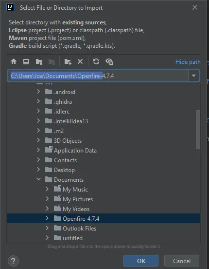 Selecting the Openfire-4.7.4 source directory