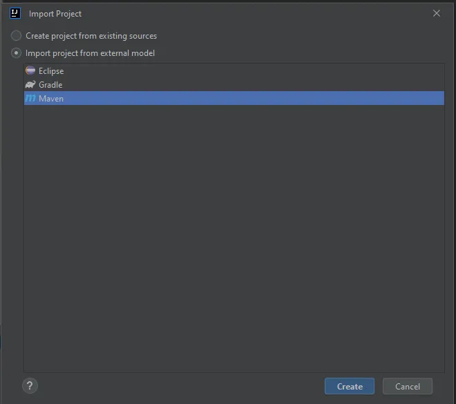 Import Project dialog selecting Maven as the build system
