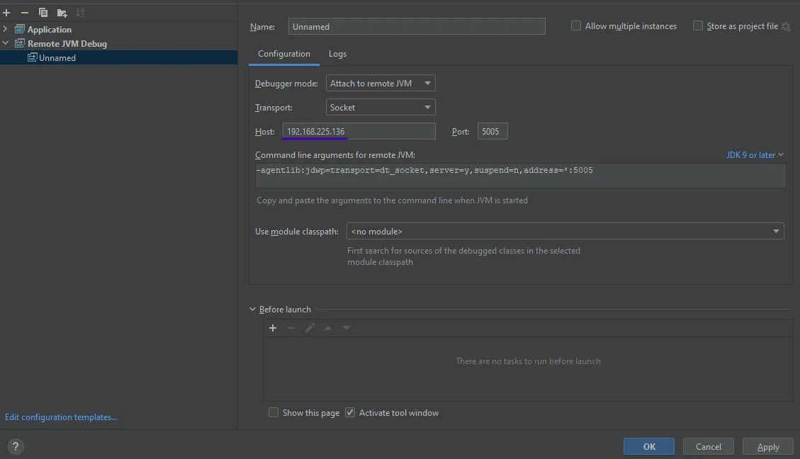 Remote JVM Debug configuration with host and port 5005