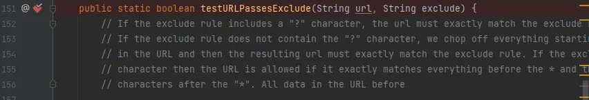 Breakpoint set on testURLPassesExclude method in IntelliJ debugger