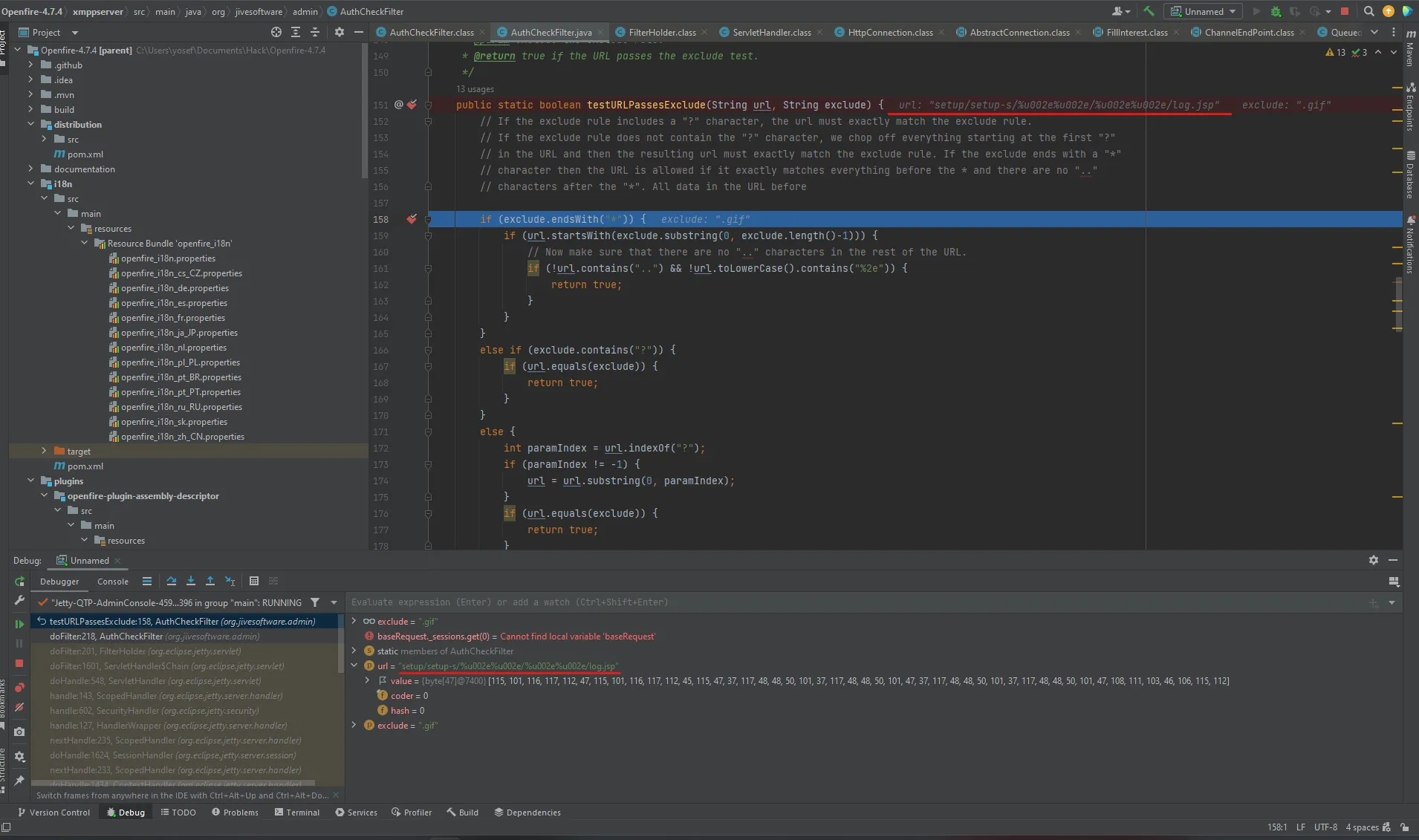 Debugger showing the Unicode-encoded payload hitting testURLPassesExclude