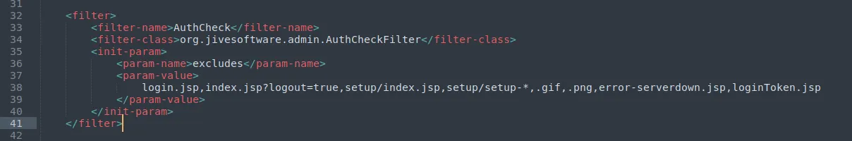 web.xml configuration showing the AuthCheck filter with setup/setup-* exclude rule