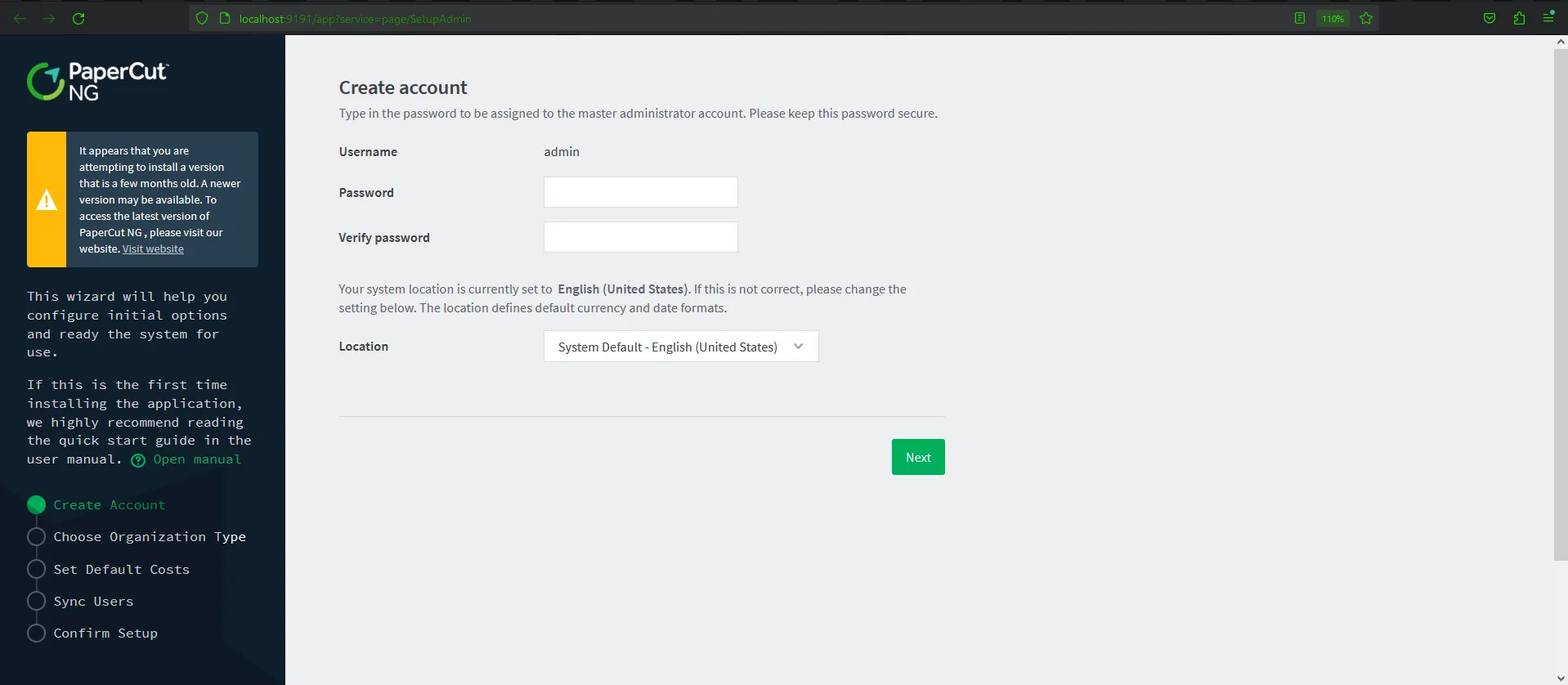 PaperCut NG Create Account setup page