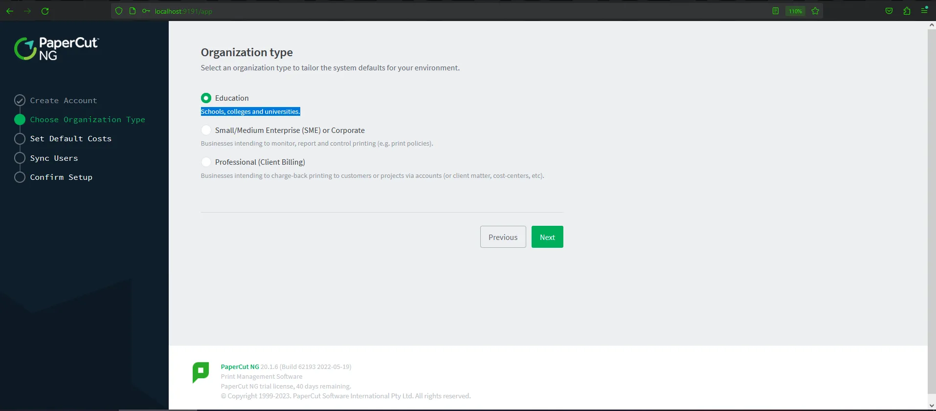PaperCut NG Choose Organization Type page