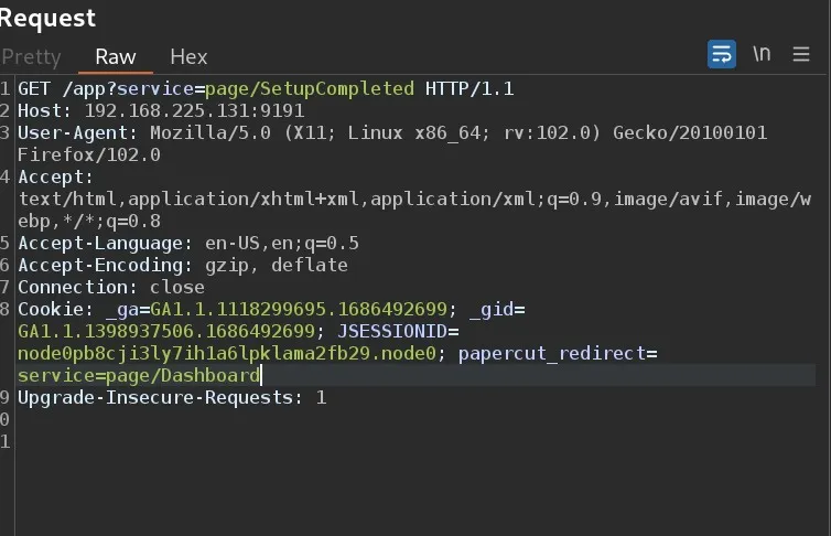 Burp Suite request showing JSESSIONID cookie and redirect to Dashboard
