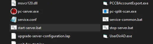 Files in the PaperCut NG server bin directory showing start-server.bat and service-common.bat