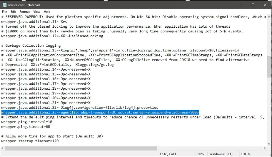 service.conf file with Java options and remote debugging on port 5005