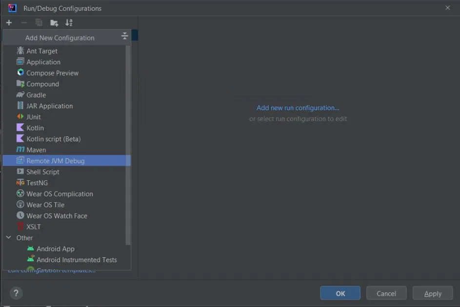 Run/Debug Configurations dialog with Remote JVM Debug selected