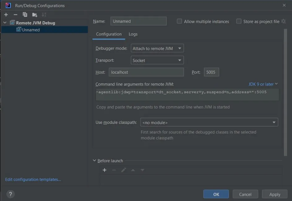 Remote JVM Debug configuration set to localhost port 5005