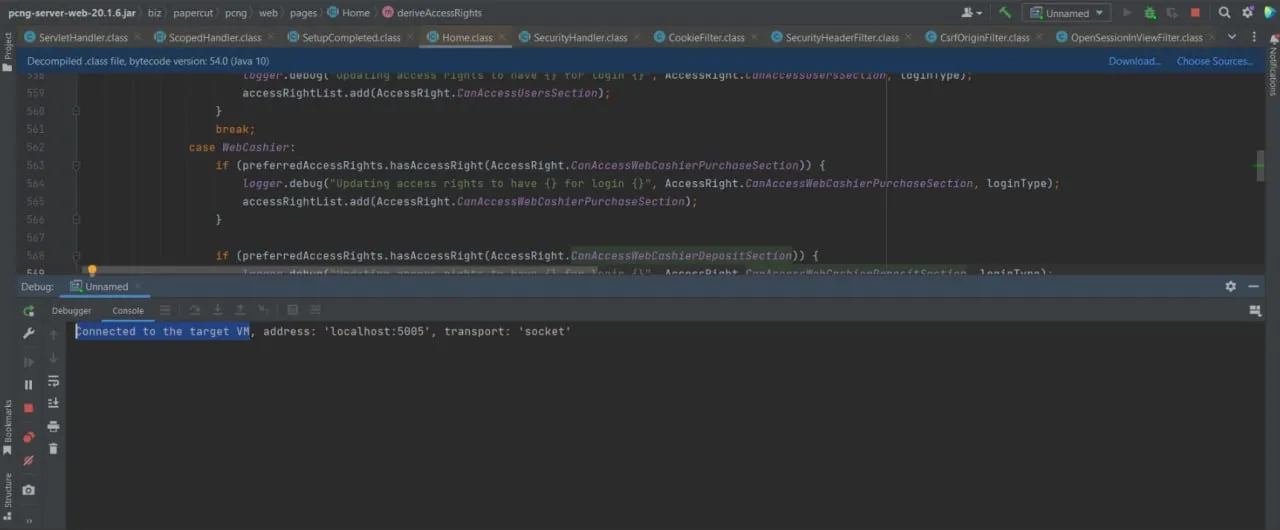 Debugger connected to target VM at localhost:5005