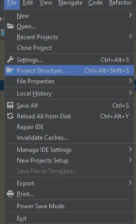 IntelliJ File menu showing Project Structure option