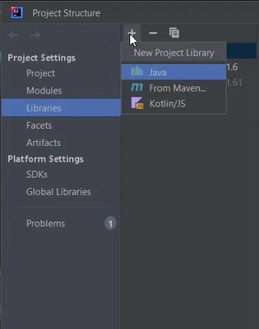 Project Structure Libraries panel with New Project Library Java option