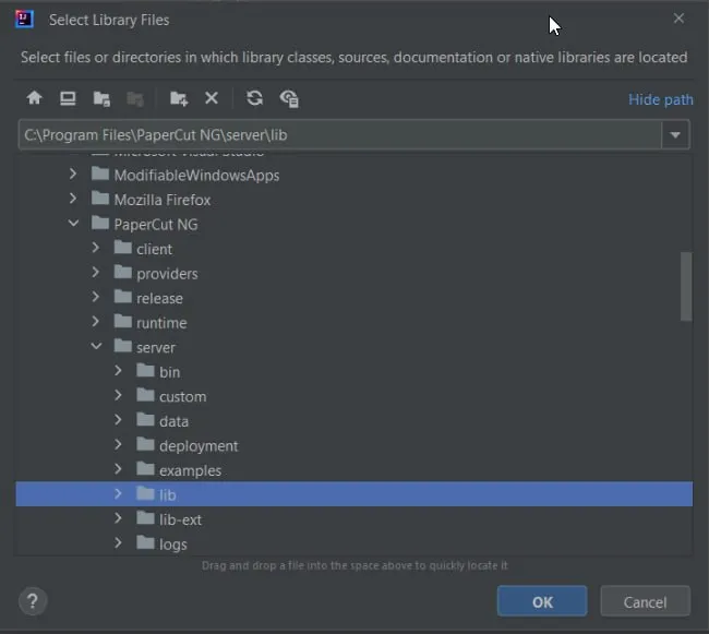 Select Library Files dialog navigating to PaperCut NG server lib directory