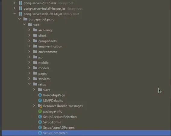 Decompiled JAR file tree showing SetupCompleted class under biz.papercut.pcng.web.setup
