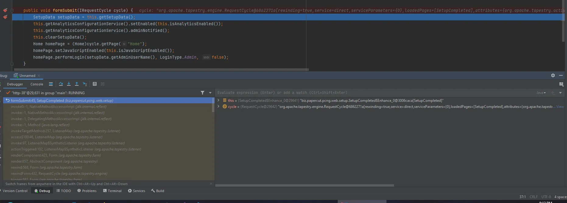 Breakpoint set at the formSubmit method in SetupCompleted class