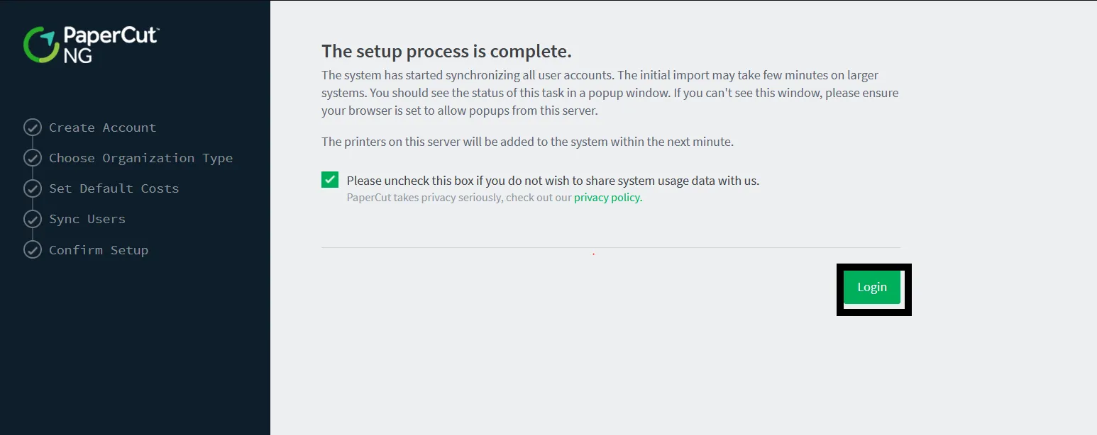 Clicking the Login button on the SetupCompleted page to trigger the debugger