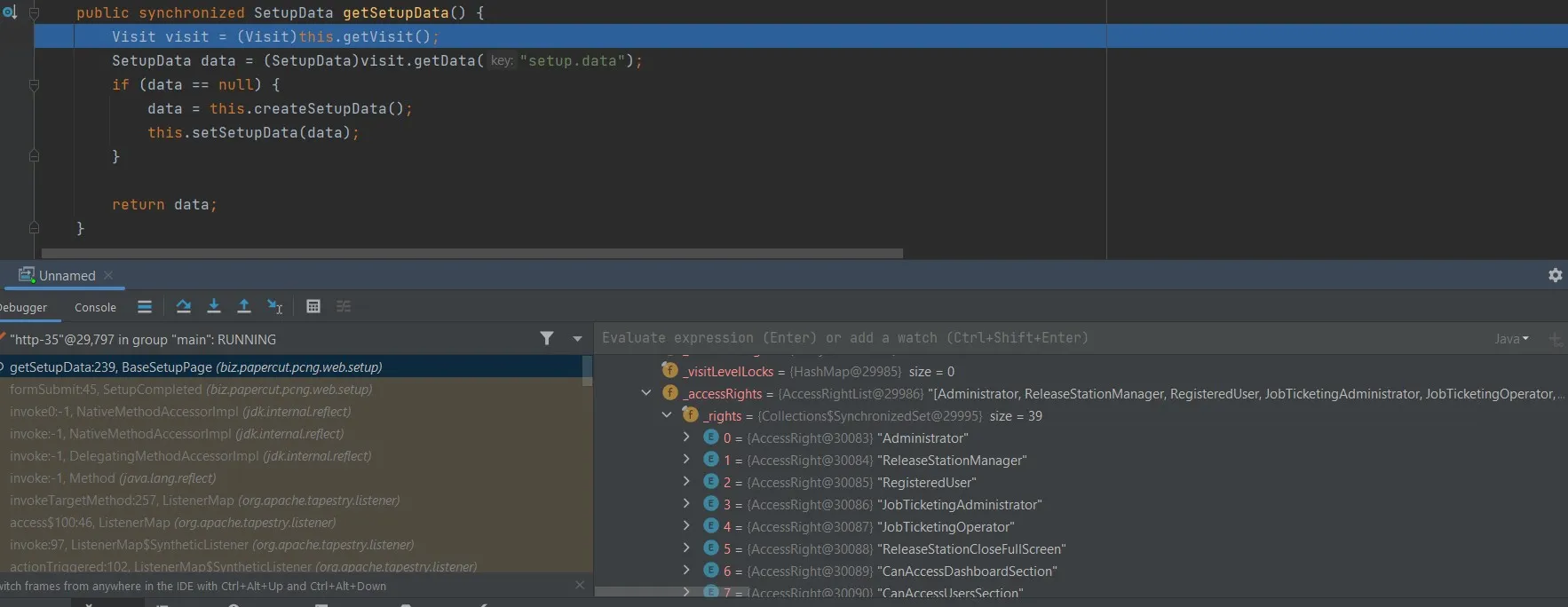 Debugger stepping into the getSetupData method