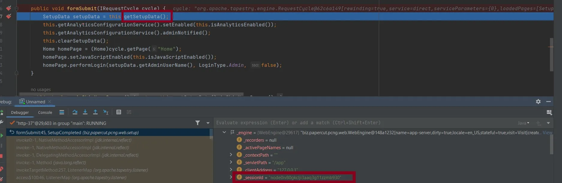 Debugger showing the formSubmit method with session ID matching the Burp Suite JSESSIONID