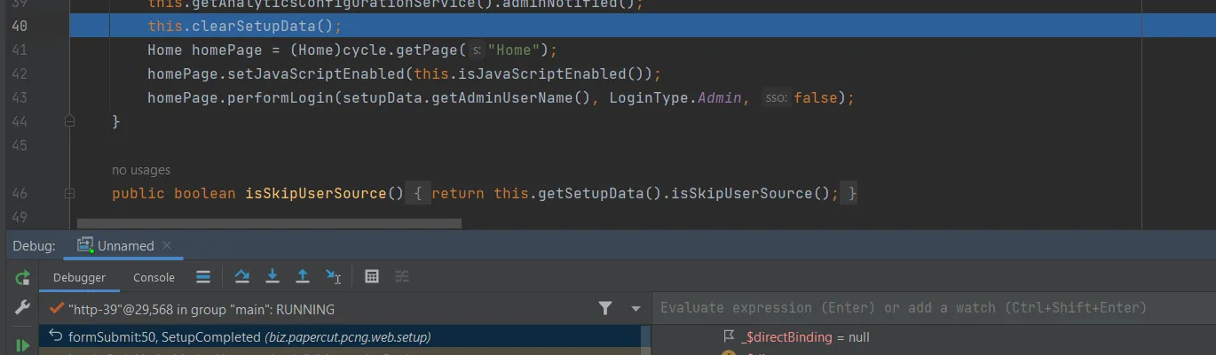 Debugger at clearSetupData call showing the formSubmit execution flow
