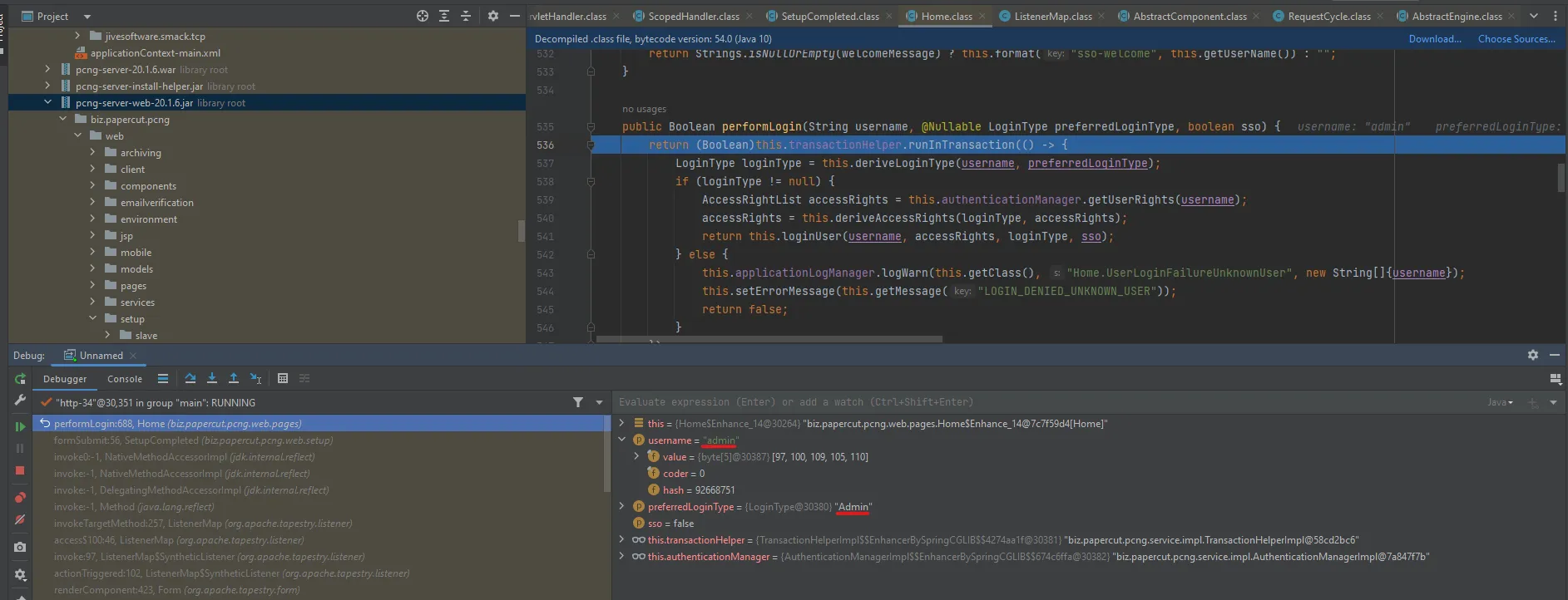 performLogin method full code in debugger showing authentication and access rights logic