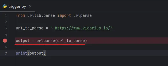 trigger.py with breakpoint set on urlparse call
