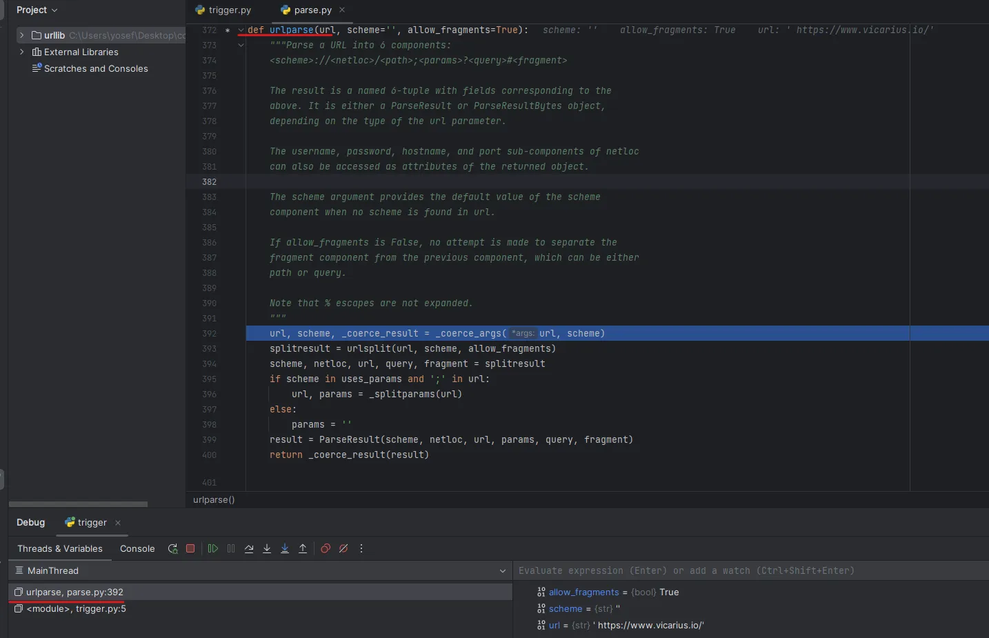 IDE debugger stepped into urlparse source code in parse.py